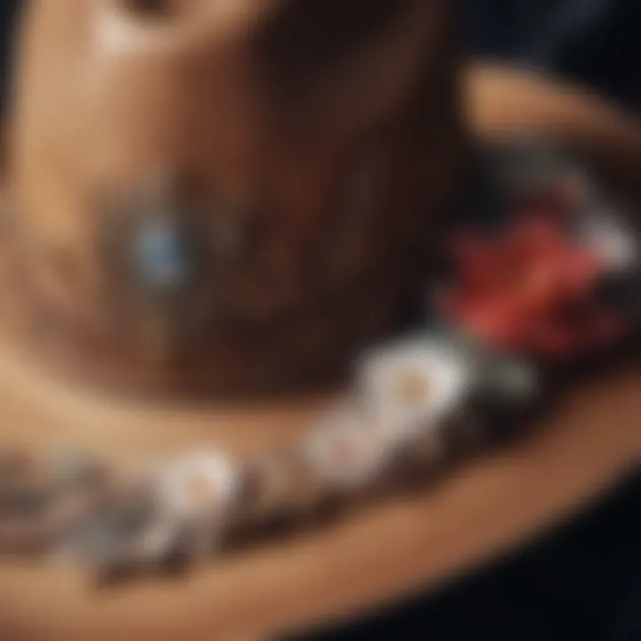 Close-up of a beautifully decorated cowboy hat