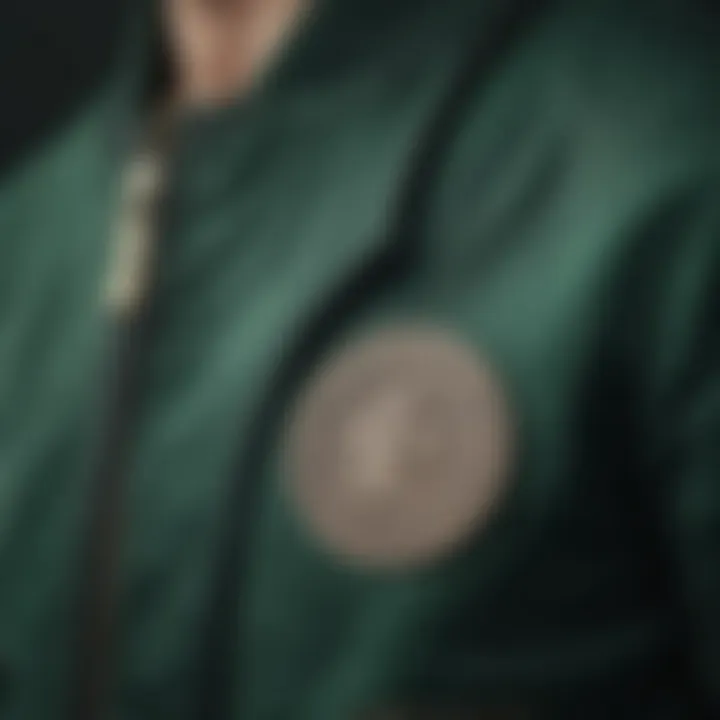 Close-up of the textured fabric of a green bone varsity jacket, highlighting its craftsmanship.