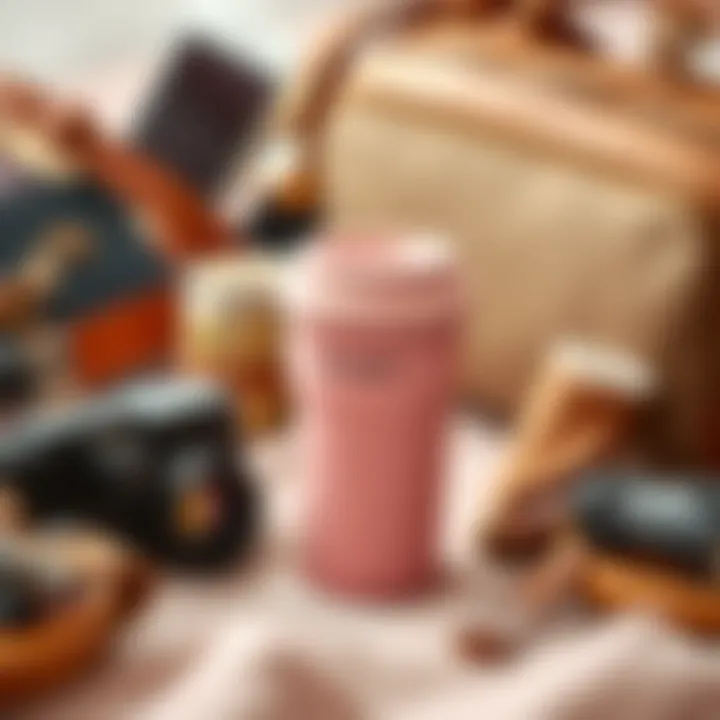 Pink travel coffee mug amidst travel essentials