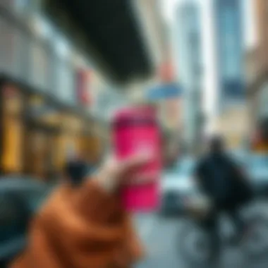 Stylish pink travel coffee mug in an urban setting