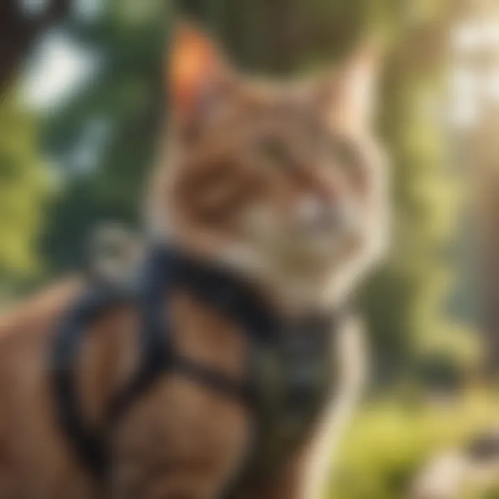 A cat comfortably wearing a vest harness outdoors