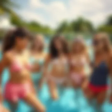 Group of tweens enjoying pool time in high waisted swimsuits