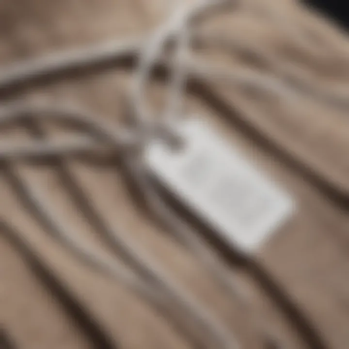 Close-up of a cord tag attached to a stylish garment, highlighting its aesthetic appeal