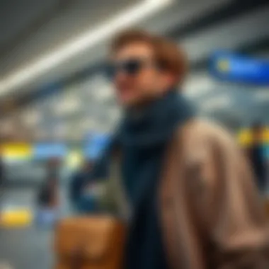 Traveler with RFID blocking passport holder at an airport